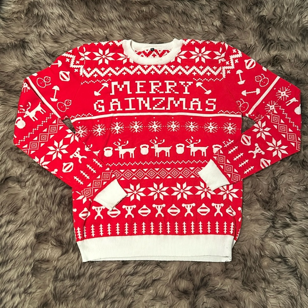 Merry Gainzmas - Christmas Sweater - Crewneck - Red/White - Sz L